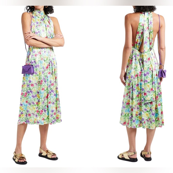 Les Reveries 100% Silk Rose Orchid Pleated Bow Maxi Dress Size 8 - Picture 3 of 13